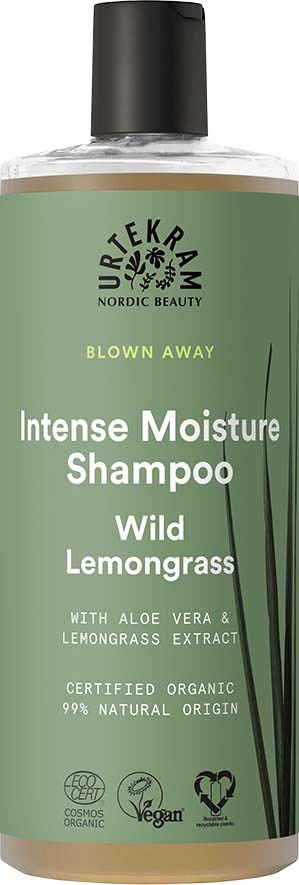 En hårbottenshampoo med grön etikett, svart lock, och text om ekologiska ingredienser och vegancertifiering.