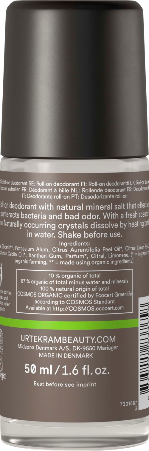 Szara butelka dezodorantu roll-on z zieloną i czarną etykietą, pokazuje szczegóły produktu i informacje o marce.