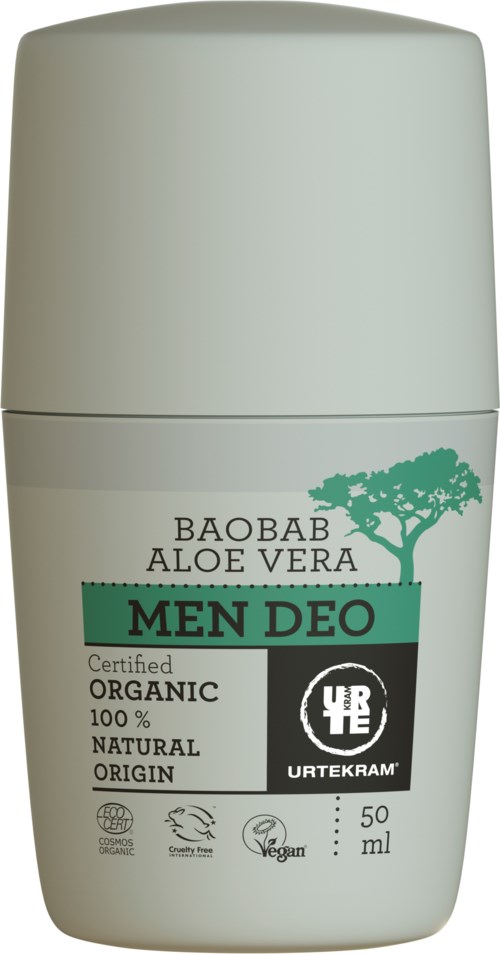 En deodorantrollonflaska märkt 'Baobab Aloe Vera Men Deo' med organiska och naturliga certifieringar, 50 ml.