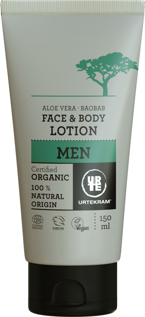 En tub med herrans ansikts- och kroppslotion med aloe vera och baobab, märkt som ekologisk, naturlig, certifierad och vegansk.