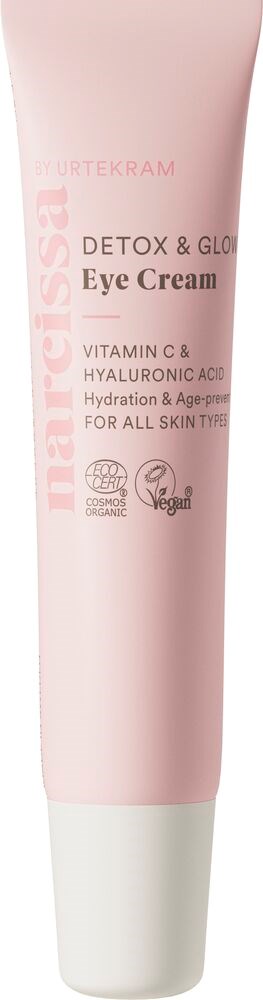 En rosa tube med øyekrem merket 'Detox & Glow' med ingredienser som vitamin C og hyaluronsyre.