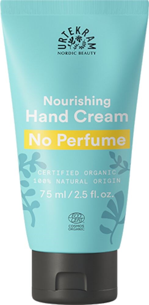 En ljusblå tub med näringsrik handkräm med svart lock, märkt "No Perfume," ekologisk och naturlig.