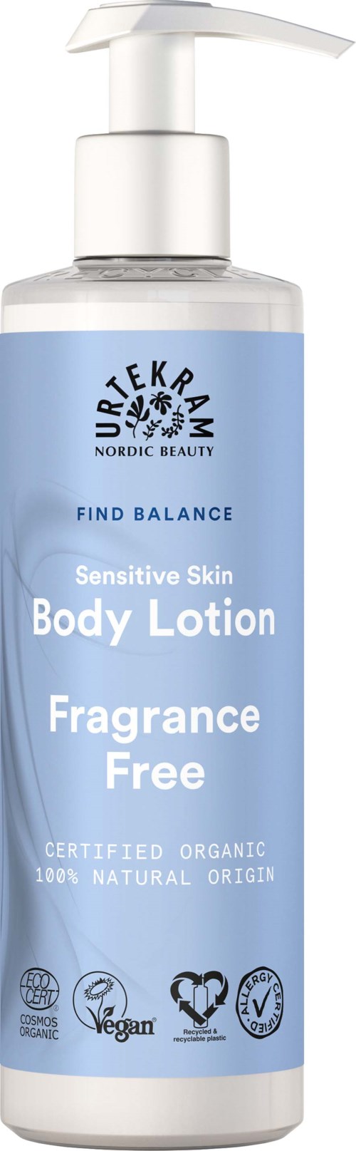 Blue body lotion bottle with pump, labeled for sensitive skin, fragrance-free, organic, vegan, and natural.