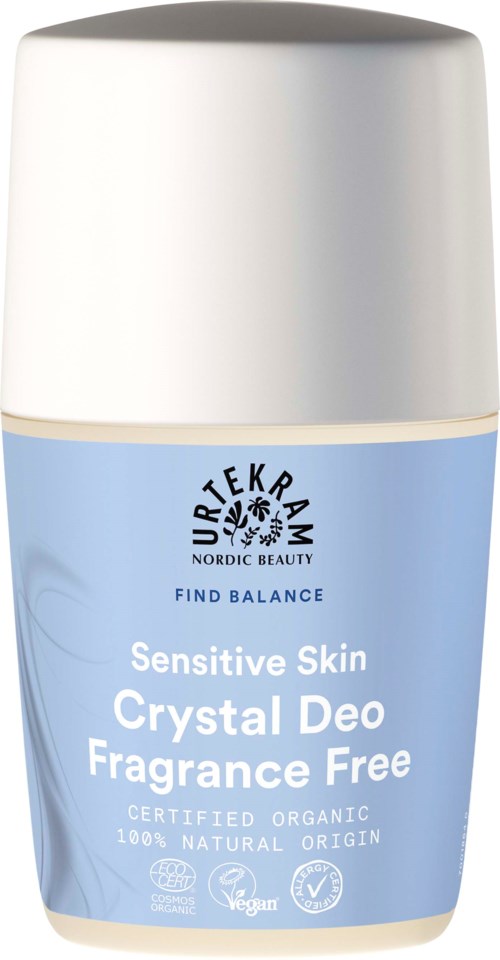 Een roller deodorant met zilveren bovenkant en lichtblauwe body, gemarkeerd als gevoelig, geurvrij, biologisch en veganistisch.