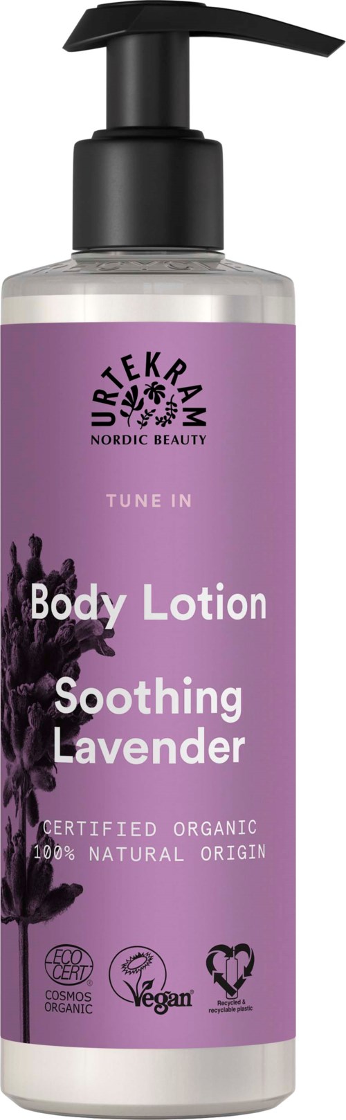 Lub luksusowa balsam do ciała o zapachu lawendy, z pompką, oznaczony jako organiczny i wegański, z linii Tune In marki Nordic Beauty.