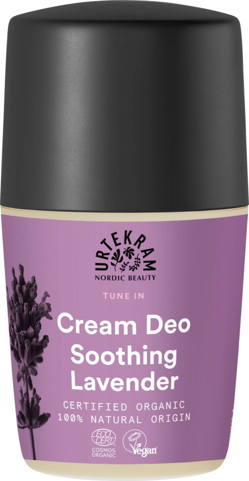 En lila deodorantflaska med rullning märkt 'Cream Deo Soothing Lavender' från Urtekram, med svart lock och lavendellillustrationer.