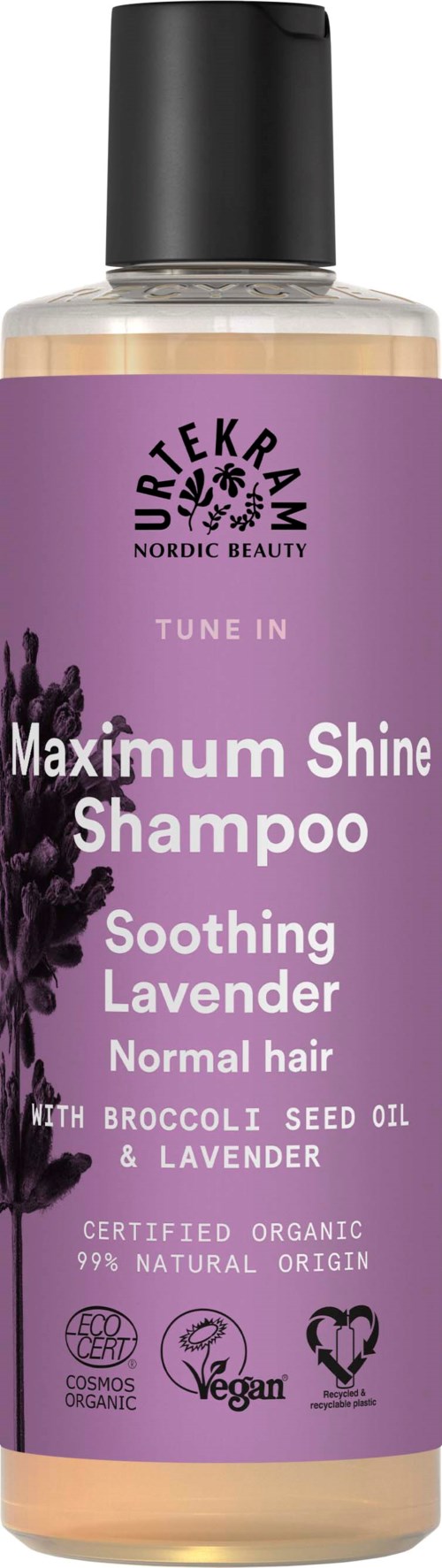 En sjampo-flaske merket 'Maximum Shine Shampoo' med lavendel og brokkoliolje for normalt hår. Sertifisert økologisk og vegansk.