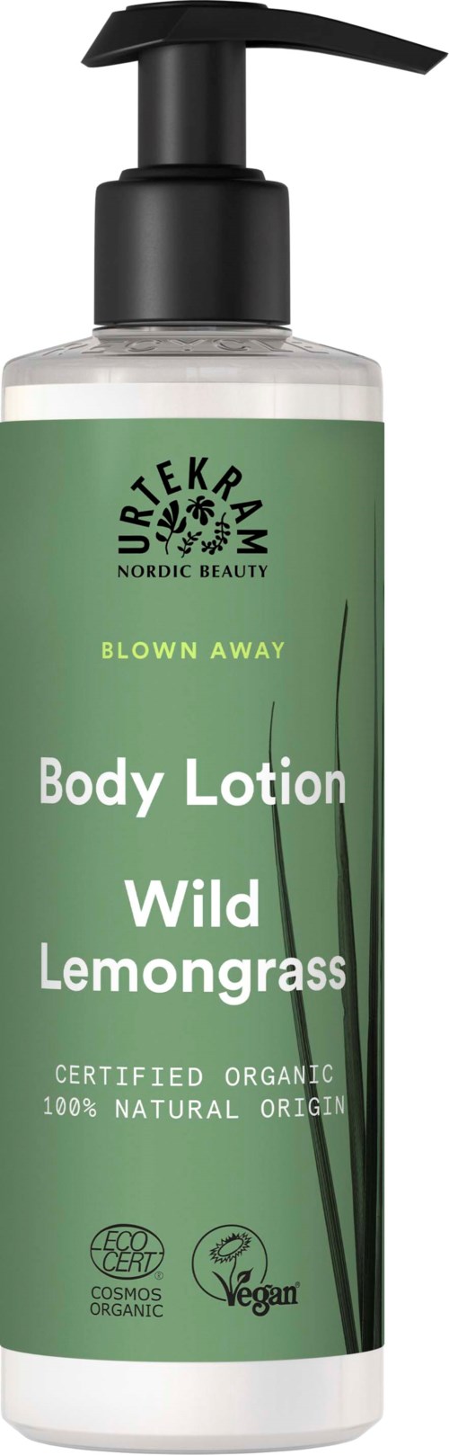 Zielona butelka balsamu z pompką, oznaczona 'Nordic Baltic', zawiera organiczną dziką trawę cytrynową do ciała.