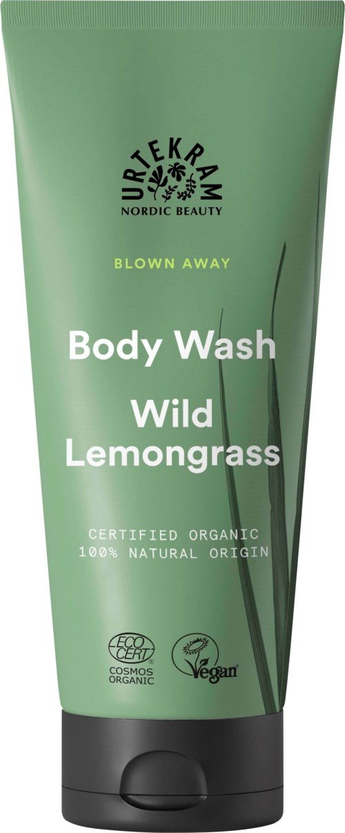 Zielona tubka z żelem pod prysznic z czarną nakrętką, oznaczona 'Wild Lemongrass,' organiczna i wegańska.
