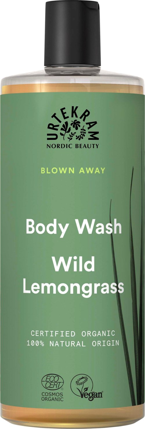 En grön flaska med svart lock, märkt 'Body Wash Wild Lemongrass', innehåller ekologisk och vegansk hudvårdsprodukt.