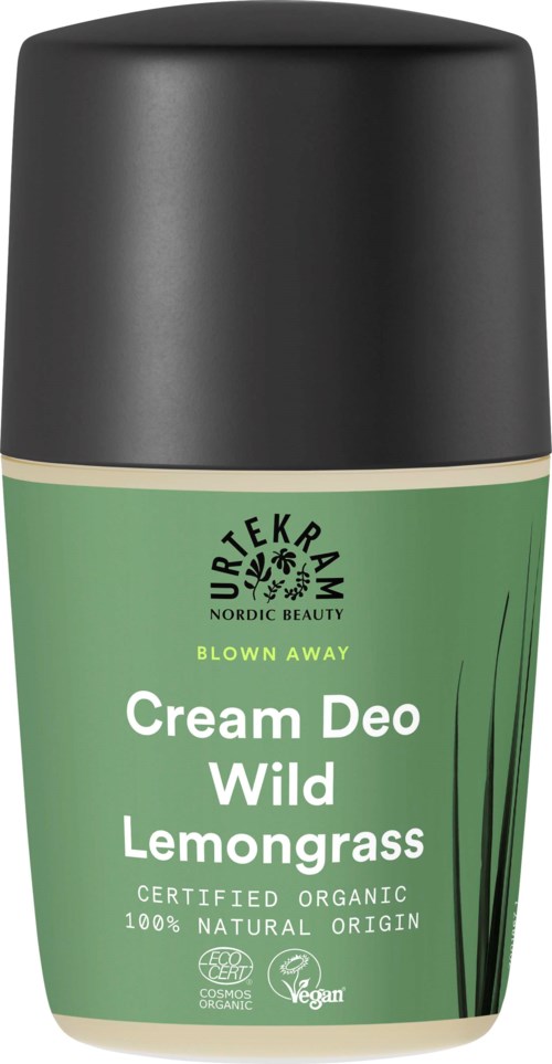 En grön behållare för naturlig deodorant med svart lock, märkt som krämdeodorant med citron gräsdoft, certifierad ekologisk.