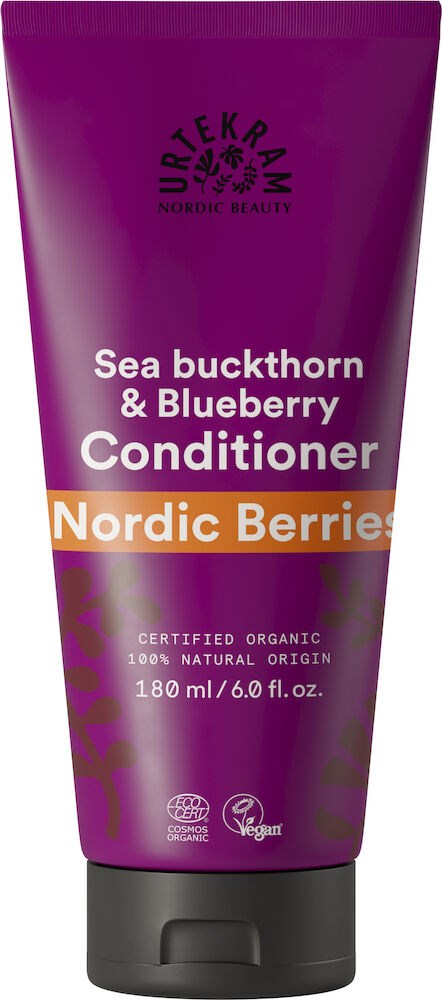 En lilla tube merket 'Sea buckthorn & Blueberry Conditioner' med 'Nordic Berries' og økologiske symboler.