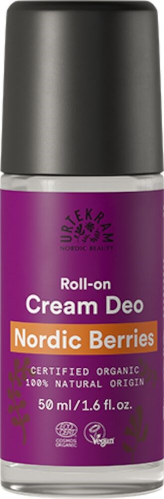 En rullande krämdeodorant med lila etikett, märken, nämner nordiska bär, ekologisk, naturlig, 50 ml.