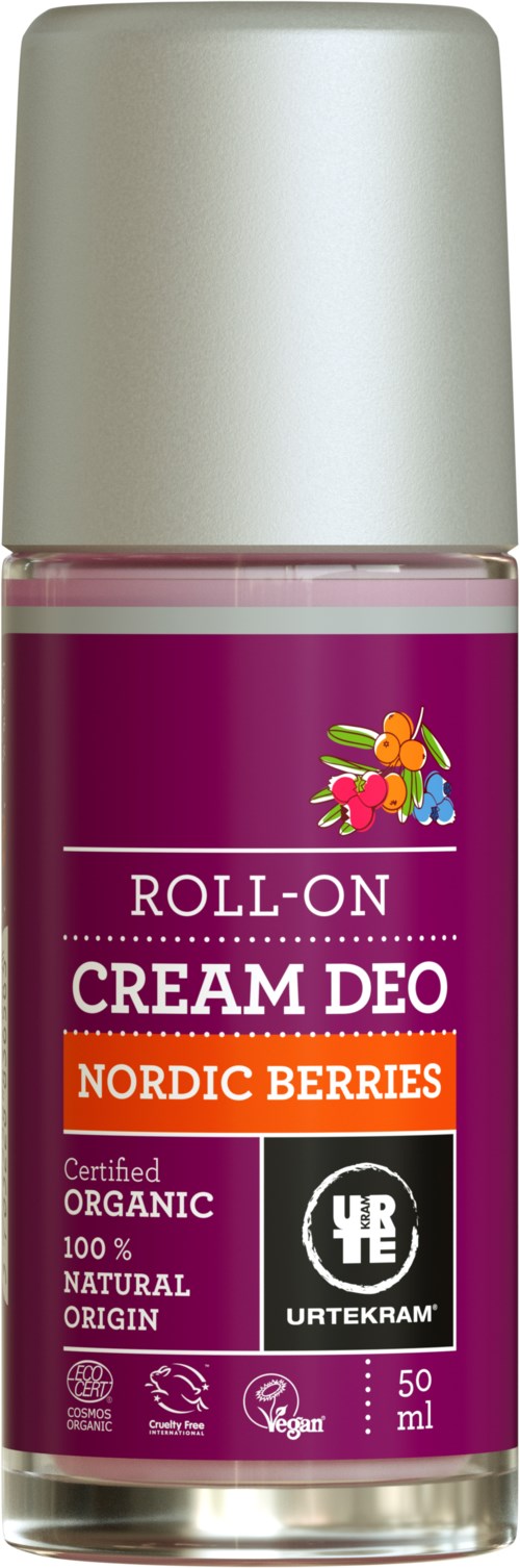 En roll-on deodorantflaska med lila etikett, orange sektion och vit topp, med illustration av nordiska bär.