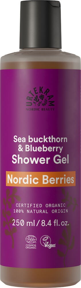Lila flaska med duschgel med blå och vita texter, etiketter som visar ekologiska ingredienser, vegansk, och 250 ml storlek.