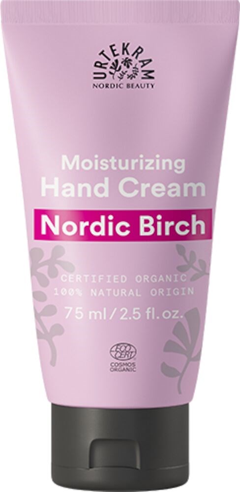 Rødt rør med håndcreme mærket 'Nordic Birch' fra Urtekram, med økologiske og naturlige ingredienser.