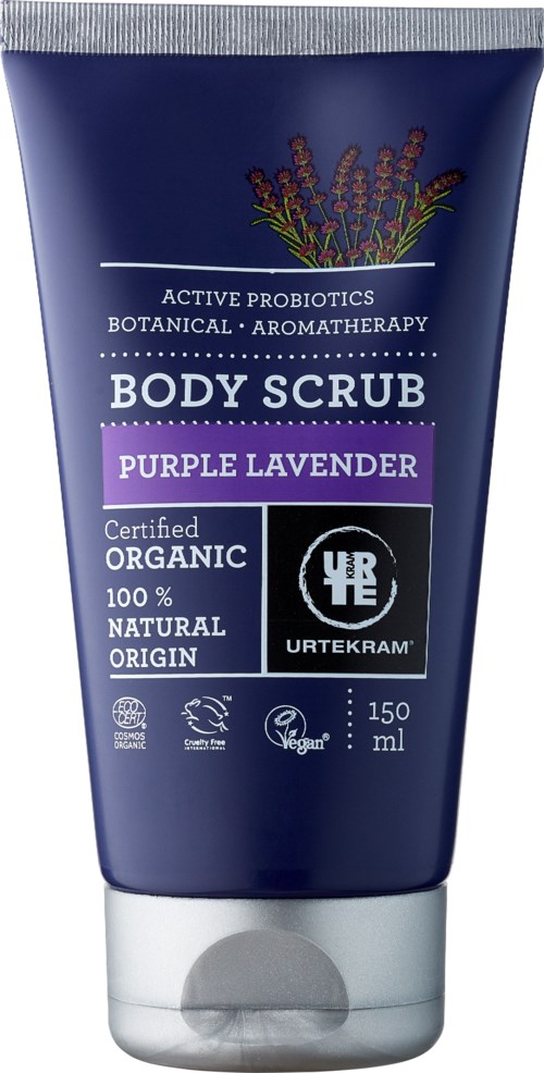 En lila kroppsskrubbstubbe med lavendellösningar, etiketter för ekologisk, naturlig, vegansk, 150ml och certifieringsmärken.