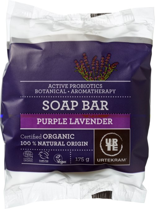 Tvål med doft av lila lavendel, märkt som ekologisk, vegansk och 100% naturlig, i lila och vit förpackning.