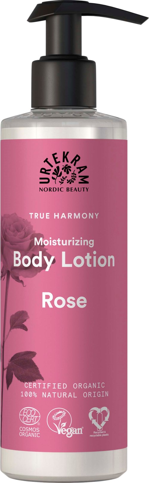 Różowa butelka balsamu do ciała z czarnym dozownikiem, oznaczona 'Rose' i zawiera informacje o certyfikowanej organiczności i wegańskości.