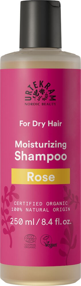 Rosa flaske med fuktighetsgivende sjampo for tørt hår med rose duft, økologisk, vegansk, 250 ml. Uurekkram logo oppe.