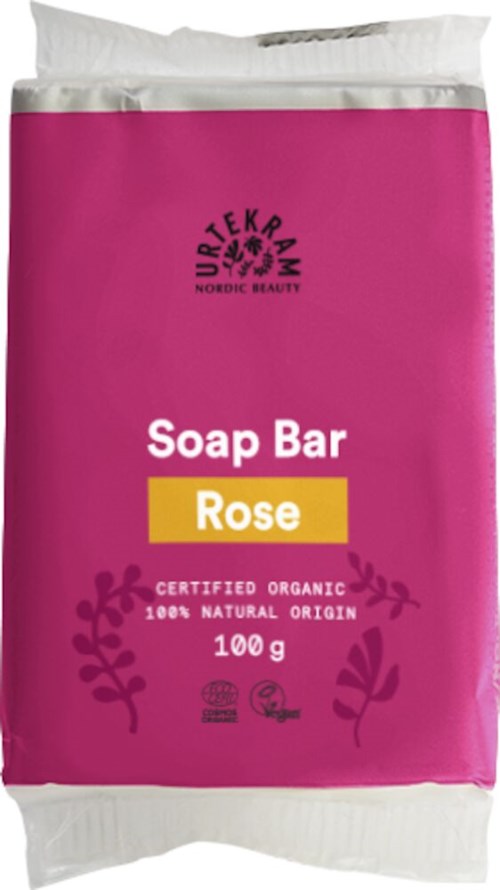 Roze tvålpaket med etiketten 'Rose' och symboler för organiska och naturliga ingredienser.