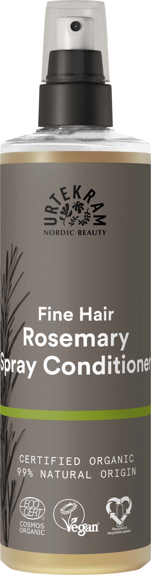 Butelka sprayowa z napisem 'Rosemary Spray Conditioner' do cienkich włosów, naturalny i organiczny, z ikonami certyfikacji i czarną nakrętką.