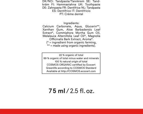 Tekst na etykiecie produktu o składnikach, certyfikatach i pojemności pasty do zębów.