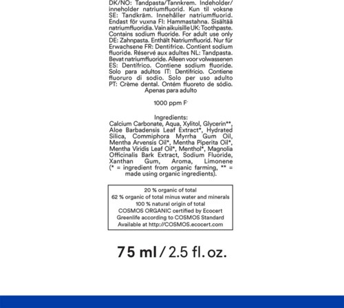 To jest etykieta z składnikami, informacjami o użyciu i objętością produktu. Główne składniki to wapń, aloes i Mentha.