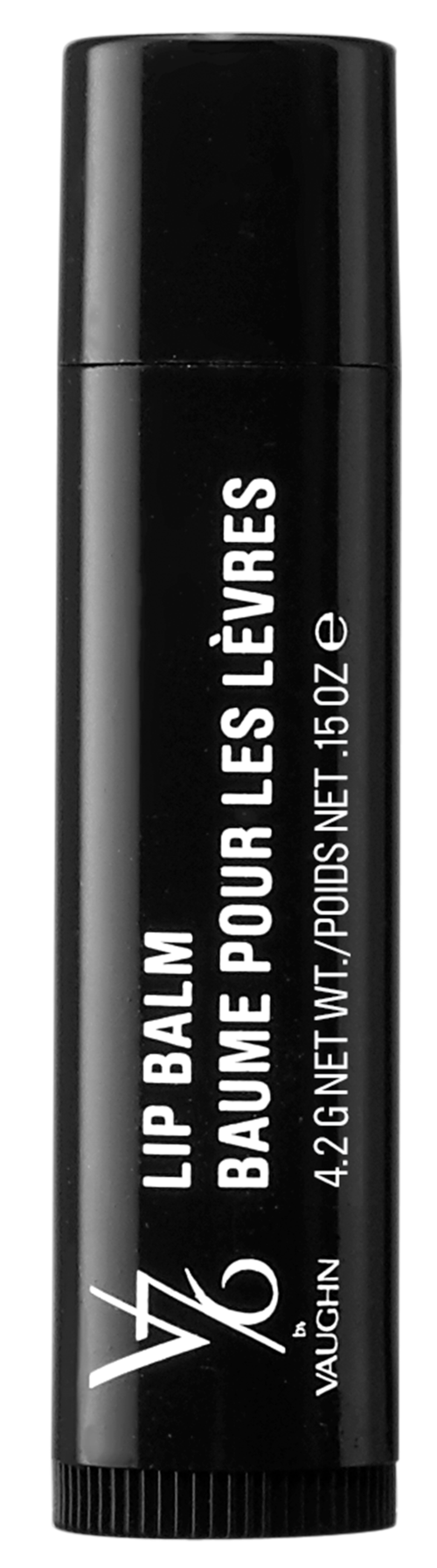 En svart läppbalsamrör med vitt text som säger "LIP BALM" och "BAUME POUR LES LÈVRES," med små detaljer och en logga.