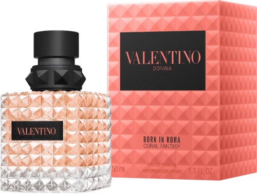En rosa Valentino-parfyllflaska med en texturerad yta och en matchande förpackning, märkt Valentino Donna, Born in Rome, Coral Fantasy.