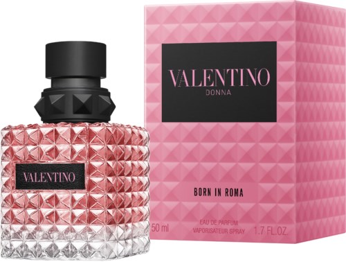 Lys rosa duftflaske med tekstur og matchende rosa eske med svart etikett, Valentino Donna, født i Roma, 50 ml.