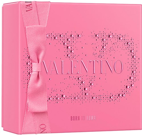 Pink box with a ribbon, labeled 'Valentino', and textured design, likely a gift or cosmetic packaging.