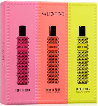Dies ist eine bunte Werbung für Valentino Born in Roma Parfums, mit drei Flaschen in Pink, Orange und Gelb, mit geometrischen Designs.