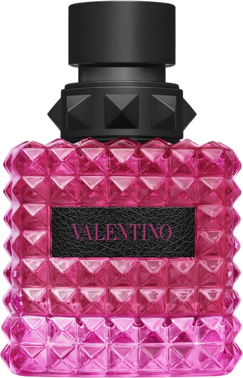 Pink perfume bottle with a spiked pattern, black cap, and Valentino label.