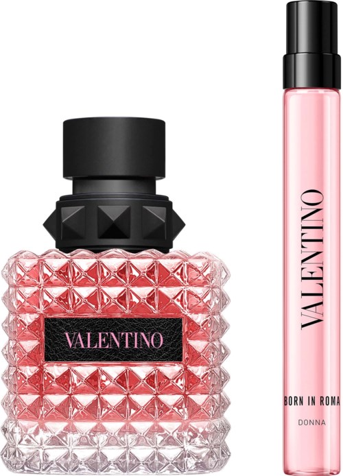 Two Valentino products: a textured pink perfume bottle and a slim light pink spray, both with Valentino branding.