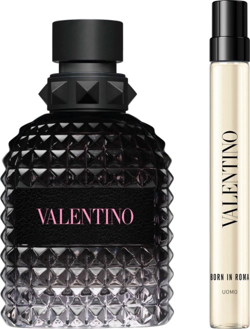 Two Valentino products: a black textured bottle and a thin white spray with Valentino and Born in Rome written on it.