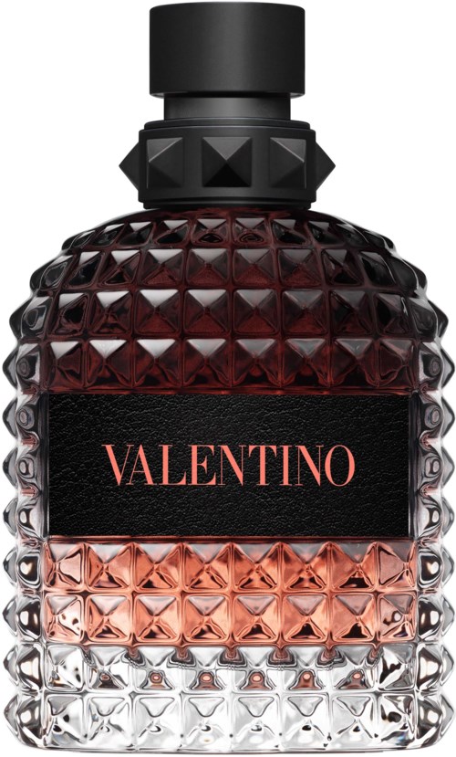 Eine schwarze Parfüflasche mit strukturierter, diamantförmiger Oberfläche, mit 'Valentino' etikett, schwarzer Deckel.