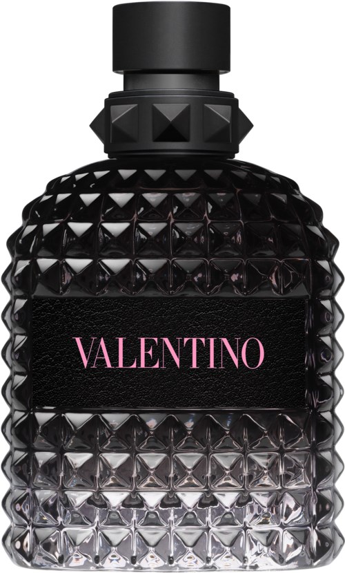 En svart parfyflaske med teksturert diamantmønster og en etikett som sier 'VALENTINO' i rosa bokstaver.
