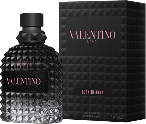 En svart parfymeflaske med teksturert, prikkete overflate og en tilsvarende eske, begge med rosa Valentino-etiketter.