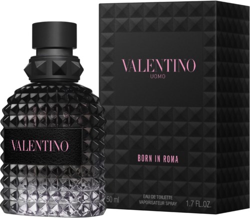 Eine schwarze Parfüflasche mit gestepptem Diamantmuster und pinkem Valentino-Logo, neben einer passenden schwarzen Schachtel.