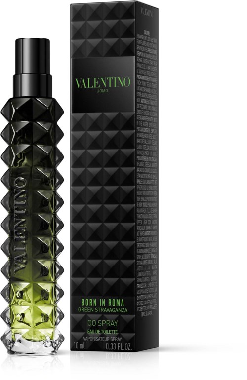 Grønn og svart parfymeflaske med teksturerte prikker, og en lang svart eske med lignende mønster og Valentino-merke.