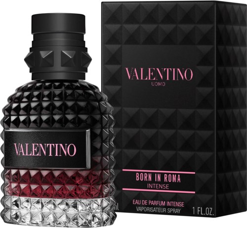 Valentino Uomo Born in Roma Intense parfymflaska med texturerad svart och rosa förpackning.