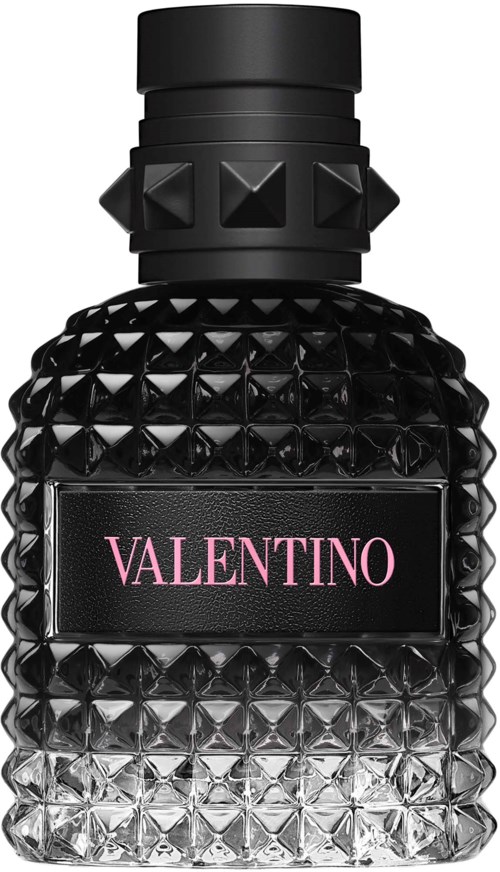 Valentino parfymflaska med en tacky svart och genomskinlig design och svart lock.