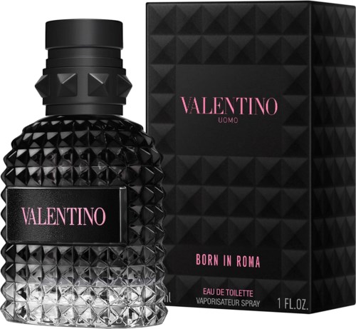 En svart flaska med en texturerad diamantmönster och rosa Valentino-logga, bredvid en matchande svart box med rosa text.