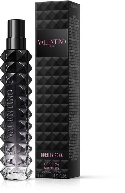 Black and silver perfume bottle with a textured diamond pattern, and a matching black box. Valentino Born in Roma.
