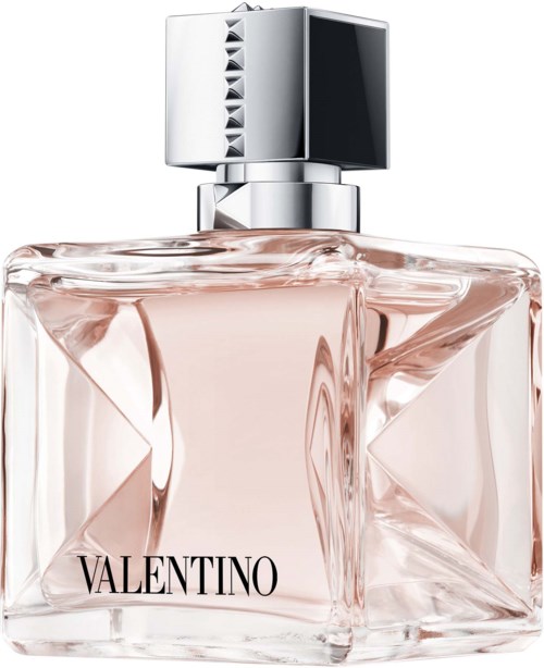 Ein Parfümflasche mit silberner Kappe und rosa Flüssigkeit, beschriftet 'Valentino', stilvolles modernes Design.