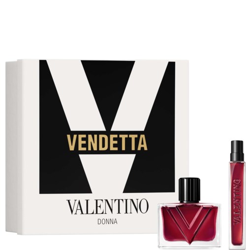 Valentino Vendetta Donna parfym med röd flaska och matchande läppstift.