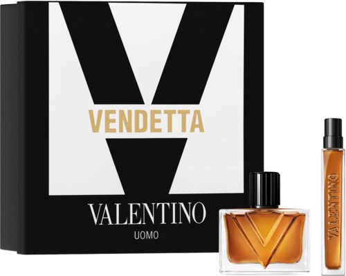 Valentino Vendetta Uomo Parfümflasche mit schwarzem Verschluss und einem kleineren Duftmuster neben der Verpackung.