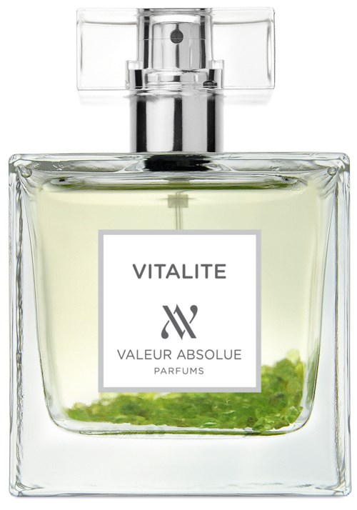En parfymflaska märkt 'VITALITE' med gröna innehåll och klar glasdesign.