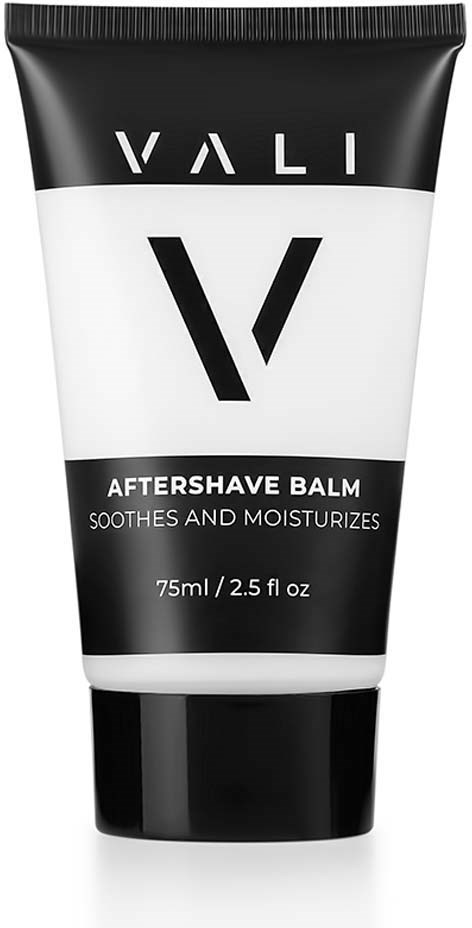En svart och vit tub märkt Vali Aftershave Balm, som lugnar och återfuktar huden, storlek 75 ml.